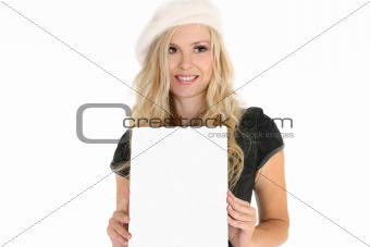 Woman holding sign, brochure, message