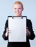 Woman holding a clipboard