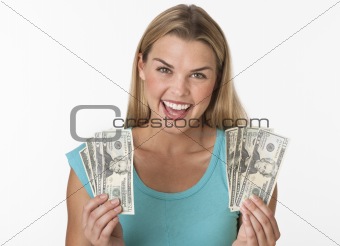 A young woman holding cash