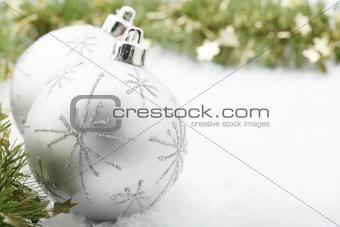 Silver Christmas baubles.