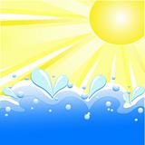 Vector illustration of summer background with sun rays, waves and water drops.