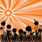 summer background with sun and silhouette of flowers. Vector.