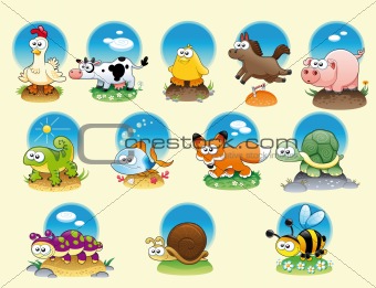 Cartoon animals and pets with background