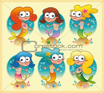 Set of mermaids with background