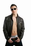 Young sexy boy sunglasses and leather jacket
