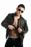 Young sexy boy sunglasses leather and gun
