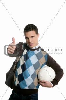 Happy young boy student with football ball