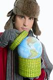 Crazy student boy with global map sphere