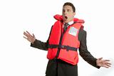 Businessman sinking in crisis, lifejacket metaphor