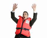 Businessman sinking in crisis, lifejacket metaphor