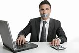 Silence with tape on mouth, businessman office