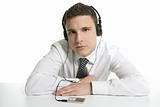 Businessman break in office music headphones