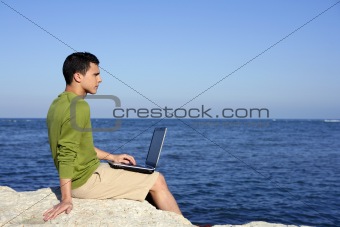 Handsome young businessman computer beach