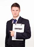 businessman holding out a contract 