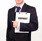 businessman holding out a contract 