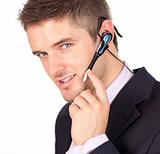 Businessman talking on a headset 