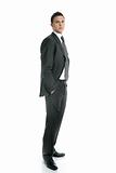 Businessman young stand up, full length on white