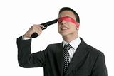 Red tape blindfold businessman gun suicide