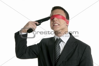Red tape blindfold businessman gun suicide
