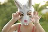 toddler girl with rabbit white mask