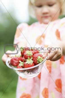 Strawberries held by girl.