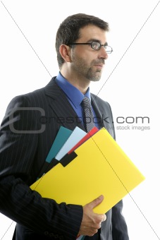 Businessman and color folders over white