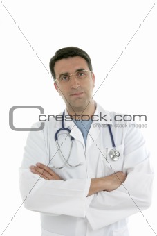 Young doctor with glasses isolated on white