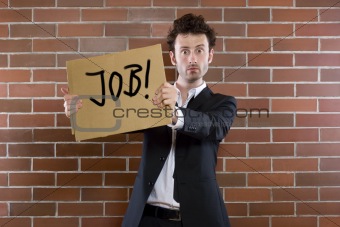 businessman pleads with sign "Need Job"