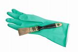One green rubber glove and brush.