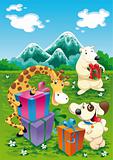 Animals and gifts with background