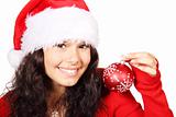 young woman as santa with red christmas bauble