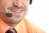 Close-up of nice and charming call center agent which talks to customer