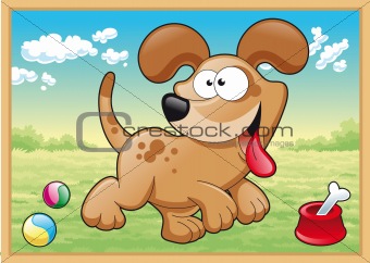 Dog is running in meadow with his toys