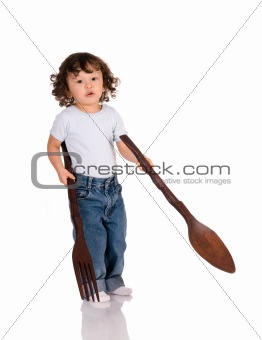 child with big spoon and fork 