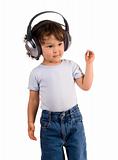 child with headphones,isolated on a white background.