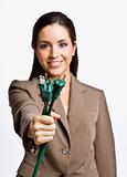 Businesswoman  holding electrical plugs
