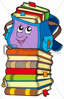 Cute school bag on pile of books