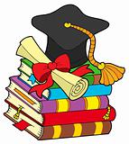 Graduation hat on pile of books