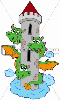 Three headed dragon with tower