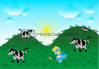 The little girl walking on a meadow
