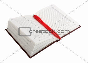 Empty open diary and red ball point pen.