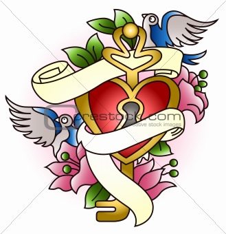 locked heart key with bird and flower graphic
