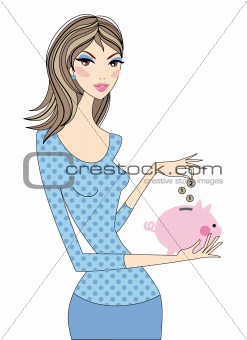 Woman with piggy bank, vector