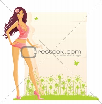 Summer girl with banner for text