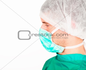 Profile of a surgeon in scrubs uniform