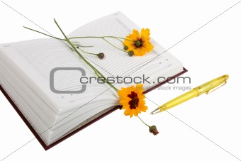Empty open diary, yellow flowers and yellow ball point pen.