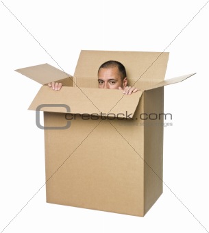 Man in a cardboard box.