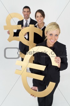 Businesswoman and Team With Currency Symbols Euro Dollar and Pou