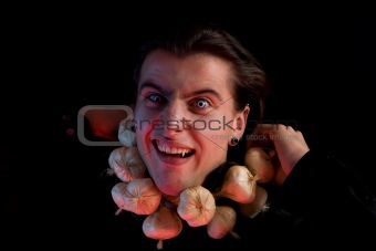 Funny vampire suffocated from being choked by garlic 