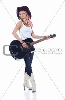 Teenager girl playing with acoustic guitar, isolated on white